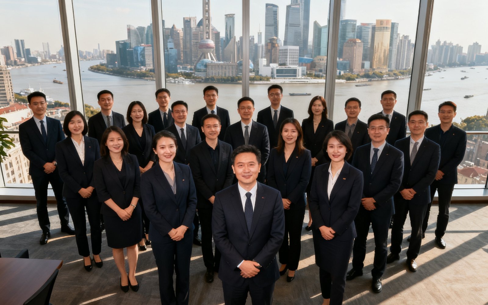 PA贵宾会上海总部团队在陆家嘴办公室的合影，约40名员工身着深色商务装站立于落地窗前，背景可见黄浦江天际线，团队精神饱满充满专业感